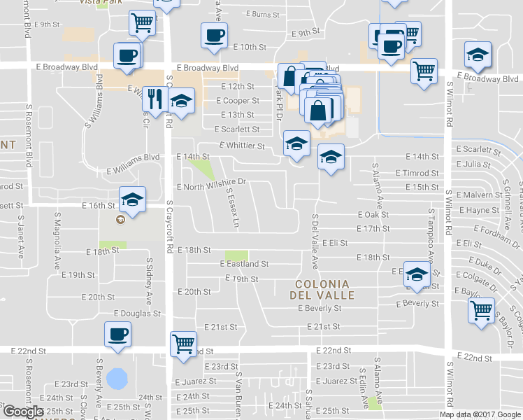 map of restaurants, bars, coffee shops, grocery stores, and more near 525 South Brighton Lane in Tucson