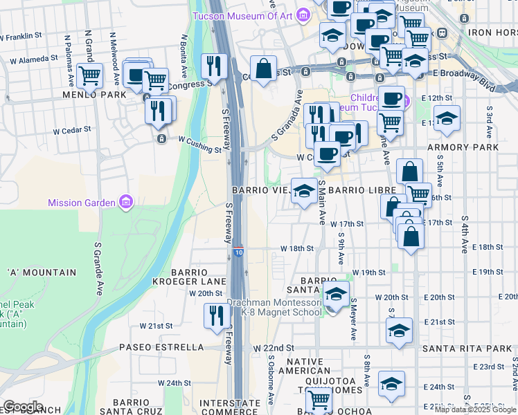 map of restaurants, bars, coffee shops, grocery stores, and more near 747 South Freeway in Tucson