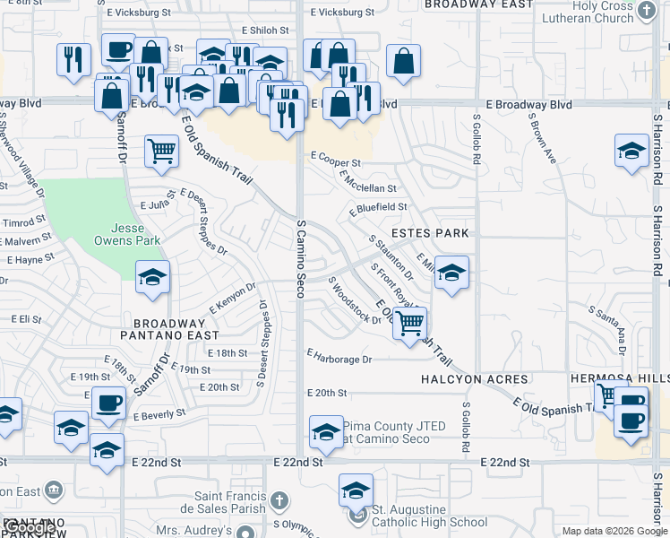 map of restaurants, bars, coffee shops, grocery stores, and more near 8778 East Kenyon Terrace Drive in Tucson