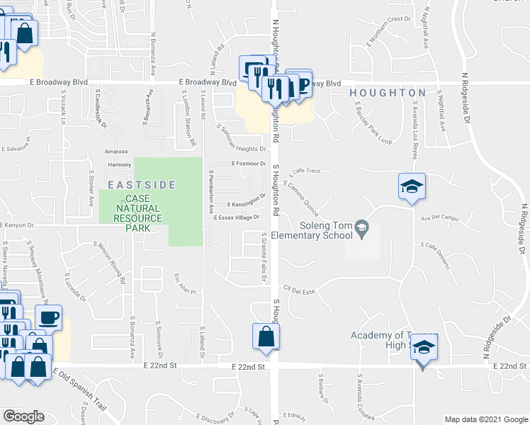 map of restaurants, bars, coffee shops, grocery stores, and more near 10263 East Essex Village Drive in Tucson