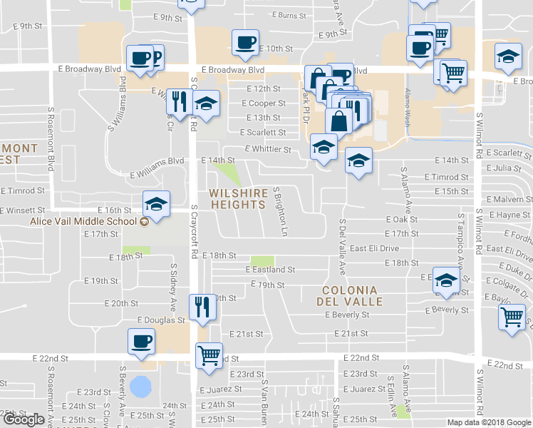 map of restaurants, bars, coffee shops, grocery stores, and more near 501 South Essex Lane in Tucson