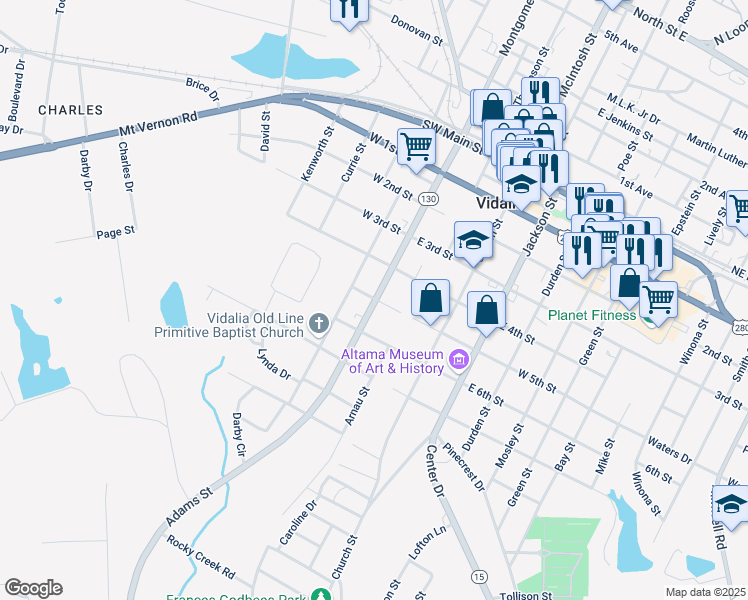 map of restaurants, bars, coffee shops, grocery stores, and more near 601 Adams Street in Vidalia