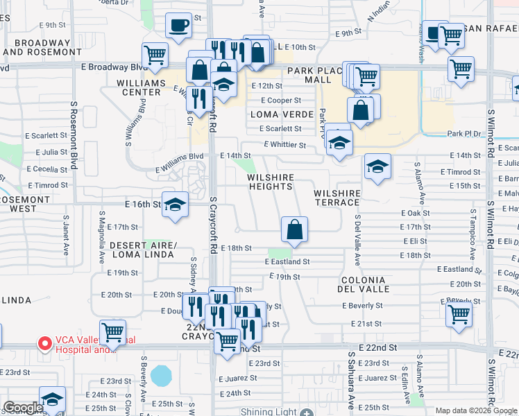 map of restaurants, bars, coffee shops, grocery stores, and more near 501 South Downing Lane in Tucson