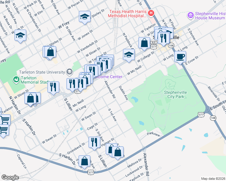 map of restaurants, bars, coffee shops, grocery stores, and more near 1090 West Long in Stephenville