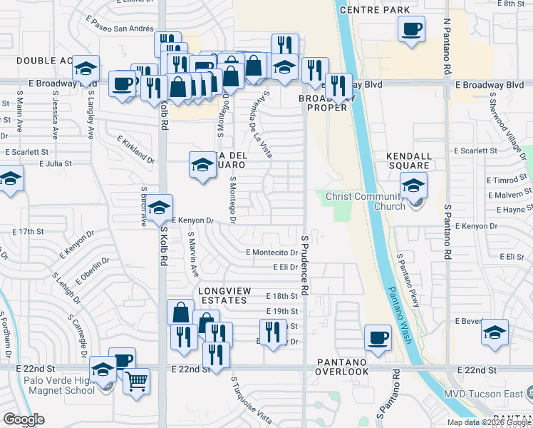 map of restaurants, bars, coffee shops, grocery stores, and more near 7349 East Kenyon Drive in Tucson
