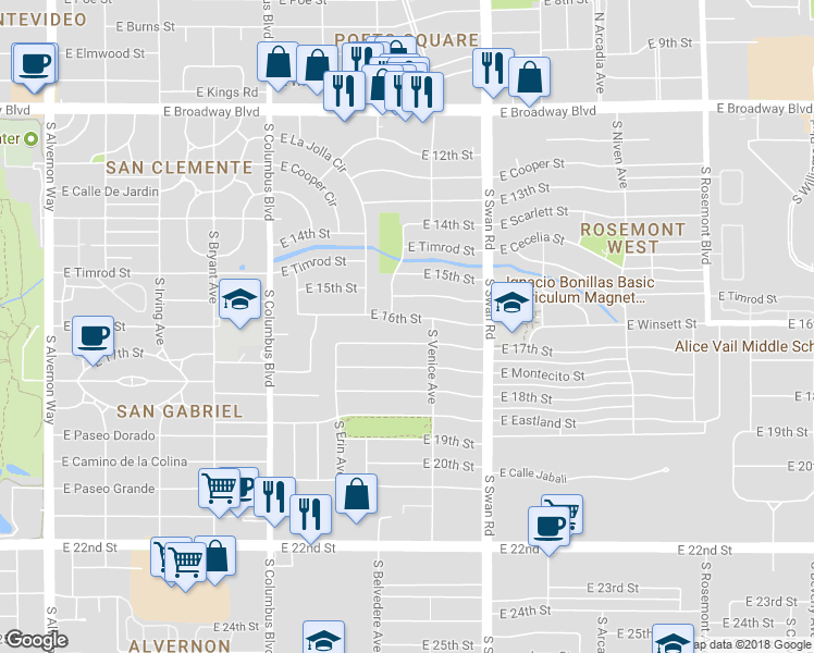 map of restaurants, bars, coffee shops, grocery stores, and more near 4549 East 17th Street in Tucson