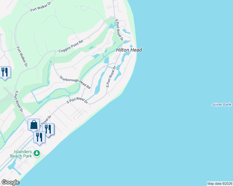 map of restaurants, bars, coffee shops, grocery stores, and more near 16 Planters Row in Hilton Head Island