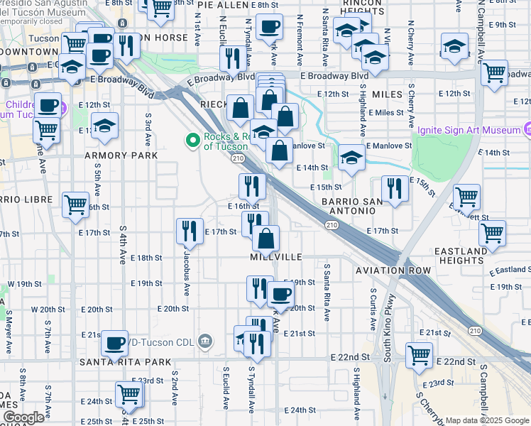 map of restaurants, bars, coffee shops, grocery stores, and more near 610 South Park Avenue in Tucson