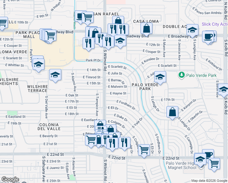 map of restaurants, bars, coffee shops, grocery stores, and more near 6333 East Hayne Street in Tucson