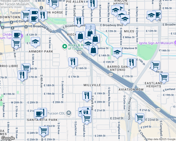 map of restaurants, bars, coffee shops, grocery stores, and more near 610 S Park Ave in Tucson