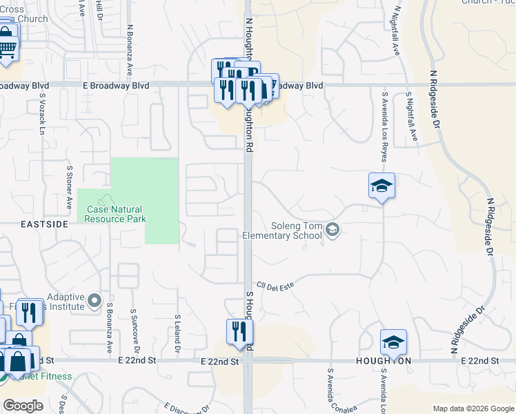map of restaurants, bars, coffee shops, grocery stores, and more near 10312 East Camino De La Placita in Tucson