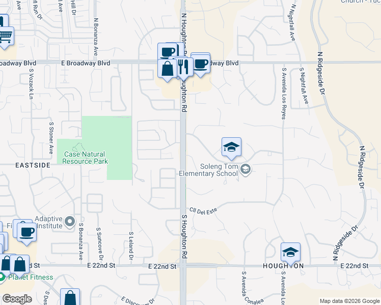 map of restaurants, bars, coffee shops, grocery stores, and more near 10312 East Camino De La Placita in Tucson