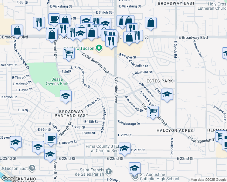 map of restaurants, bars, coffee shops, grocery stores, and more near 8706 East Kenyon Terrace Drive in Tucson