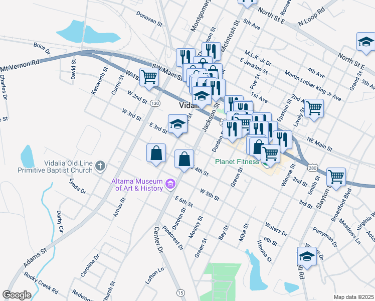 map of restaurants, bars, coffee shops, grocery stores, and more near 403 Jackson Street in Vidalia