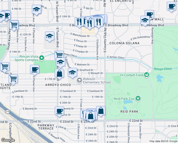 map of restaurants, bars, coffee shops, grocery stores, and more near 2842 East Stratford Drive in Tucson