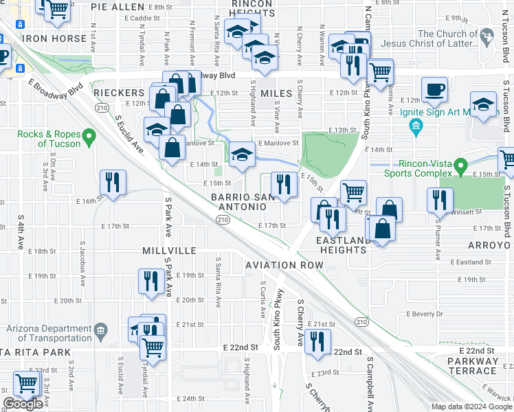 map of restaurants, bars, coffee shops, grocery stores, and more near 1422 East 16th Street in Tucson