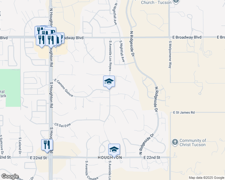 map of restaurants, bars, coffee shops, grocery stores, and more near 10682 East Camino Quince in Tucson