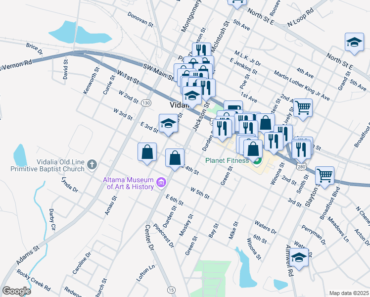 map of restaurants, bars, coffee shops, grocery stores, and more near 404 Jackson Street in Vidalia