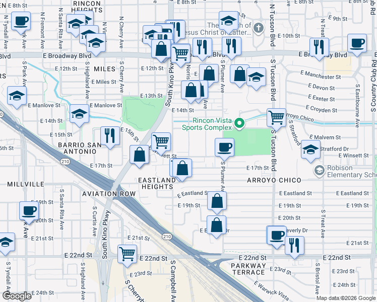 map of restaurants, bars, coffee shops, grocery stores, and more near South Norris Avenue in Tucson