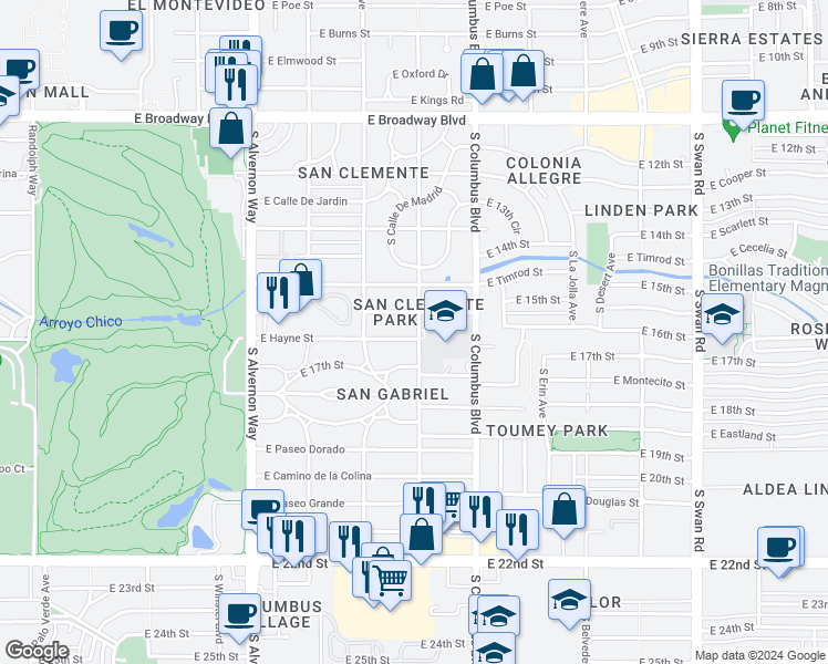 map of restaurants, bars, coffee shops, grocery stores, and more near 4130 East Hayne Street in Tucson