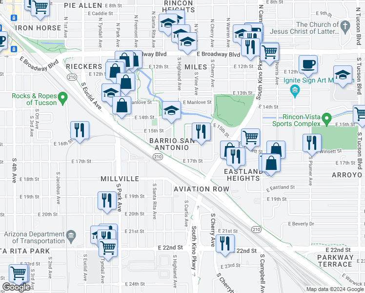 map of restaurants, bars, coffee shops, grocery stores, and more near 628 South Curtis Avenue in Tucson