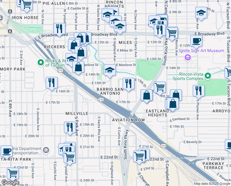 map of restaurants, bars, coffee shops, grocery stores, and more near 628 South Curtis Avenue in Tucson