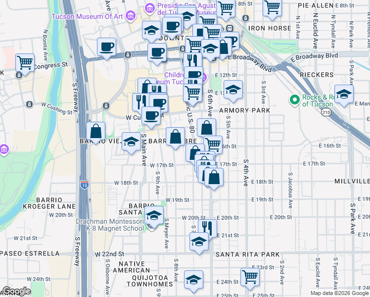 map of restaurants, bars, coffee shops, grocery stores, and more near 517 South Convent Avenue in Tucson