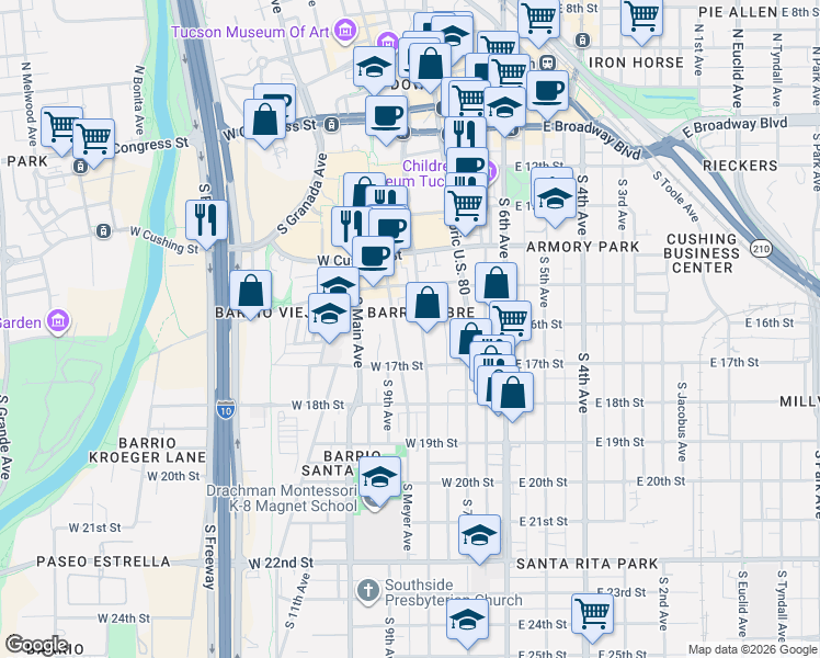 map of restaurants, bars, coffee shops, grocery stores, and more near 558 South Meyer Avenue in Tucson