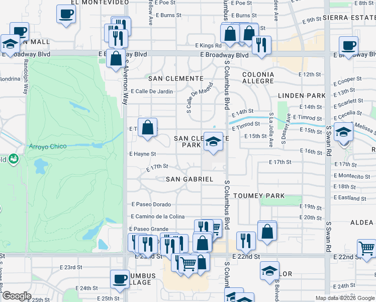map of restaurants, bars, coffee shops, grocery stores, and more near 4129 East Hayne Street in Tucson