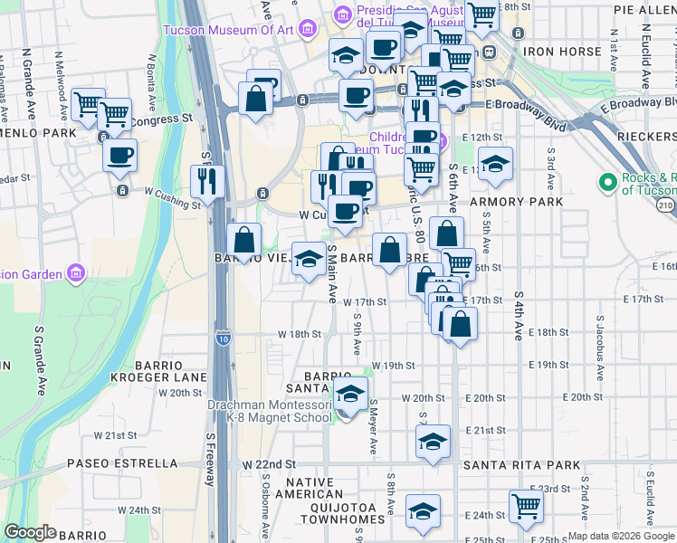 map of restaurants, bars, coffee shops, grocery stores, and more near 570 South Main Avenue in Tucson