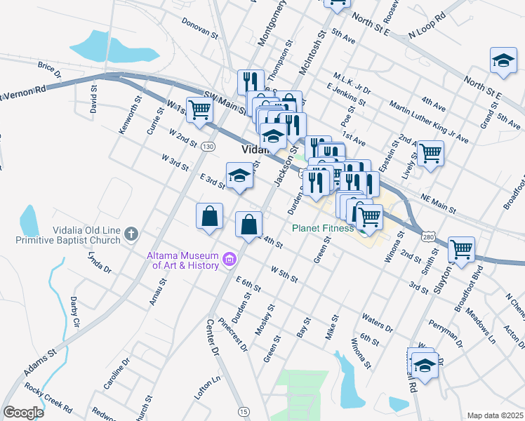 map of restaurants, bars, coffee shops, grocery stores, and more near 403 Jackson Street in Vidalia