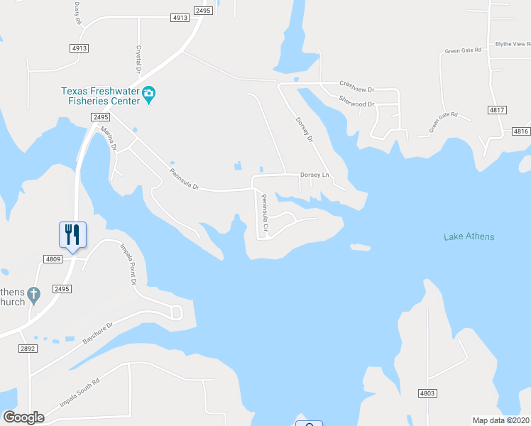 map of restaurants, bars, coffee shops, grocery stores, and more near 47 Peninsula Circle in Athens