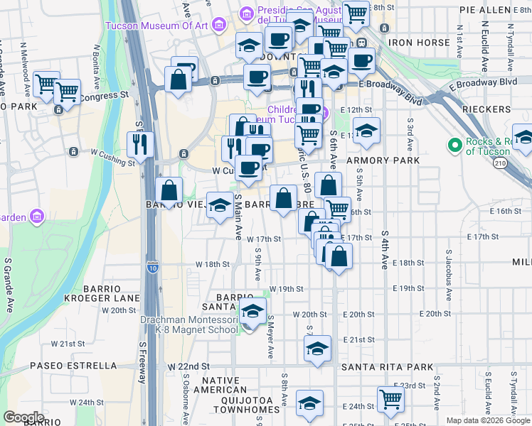 map of restaurants, bars, coffee shops, grocery stores, and more near 558 South Meyer Avenue in Tucson