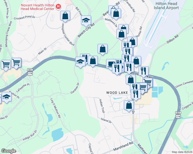 map of restaurants, bars, coffee shops, grocery stores, and more near 330 Southwood Park Drive in Hilton Head Island