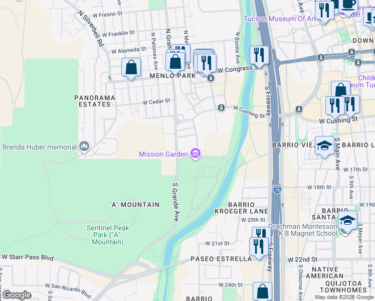 map of restaurants, bars, coffee shops, grocery stores, and more near 946 West Mission Lane in Tucson