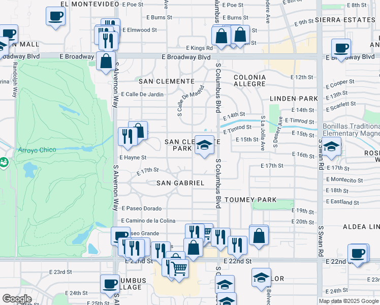 map of restaurants, bars, coffee shops, grocery stores, and more near 460 South Bryant Avenue in Tucson