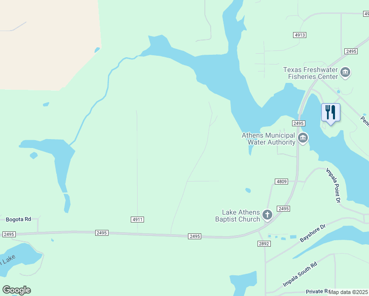 map of restaurants, bars, coffee shops, grocery stores, and more near 4561 Farm to Market Road 2495 in Athens