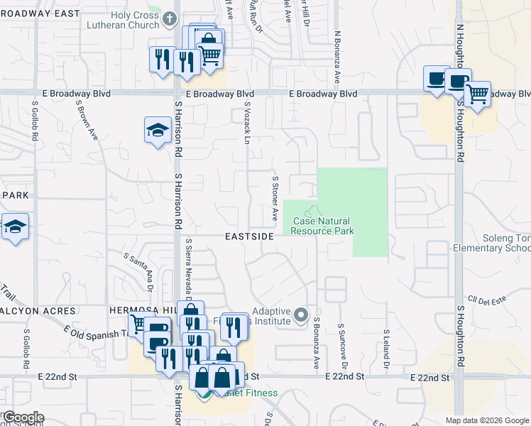 map of restaurants, bars, coffee shops, grocery stores, and more near 580 South Stoner Avenue in Tucson