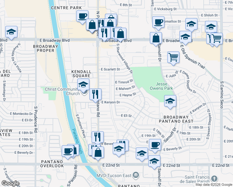 map of restaurants, bars, coffee shops, grocery stores, and more near 8001 East Kenyon Drive in Tucson
