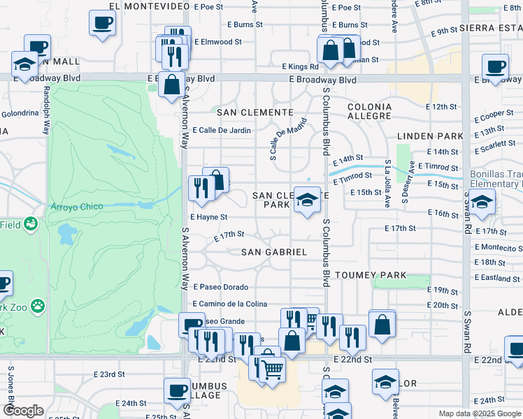map of restaurants, bars, coffee shops, grocery stores, and more near 520 South Irving Avenue in Tucson