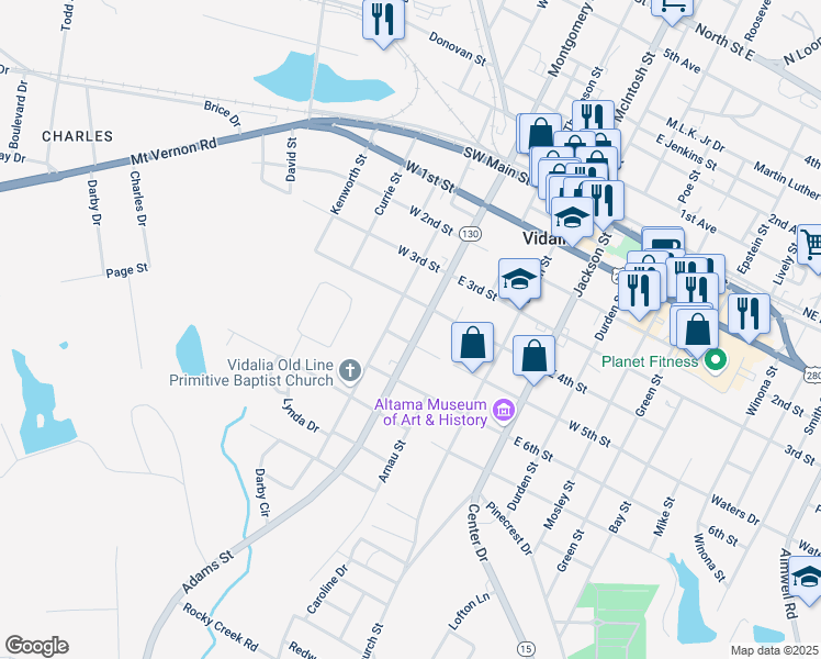 map of restaurants, bars, coffee shops, grocery stores, and more near 601 Adams Street in Vidalia