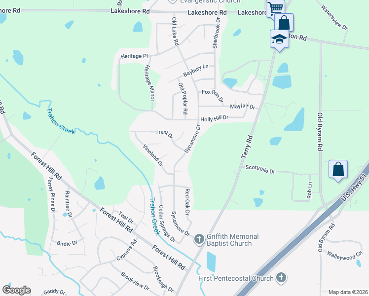 map of restaurants, bars, coffee shops, grocery stores, and more near 5157 Sycamore Drive in Jackson