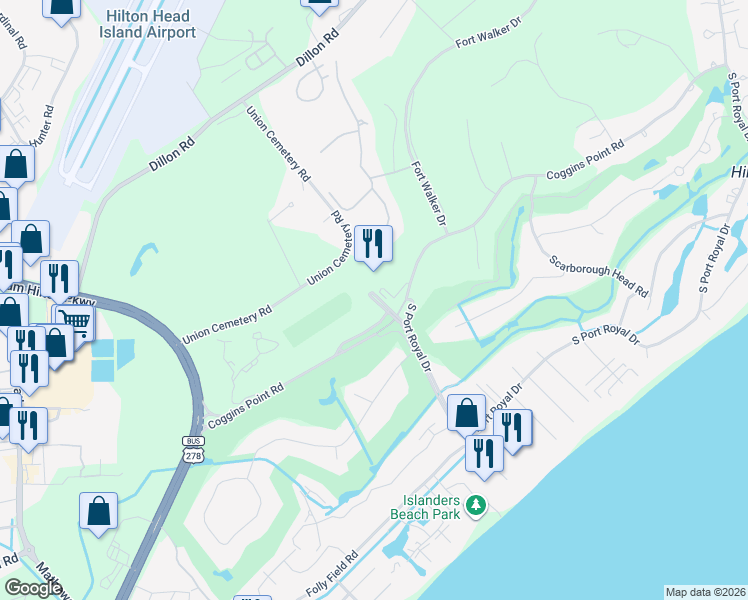 map of restaurants, bars, coffee shops, grocery stores, and more near Clubhouse Dr in Hilton Head Island