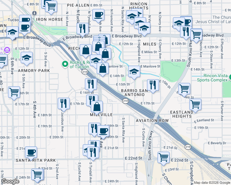 map of restaurants, bars, coffee shops, grocery stores, and more near 1301 East Aviation Parkway in Tucson