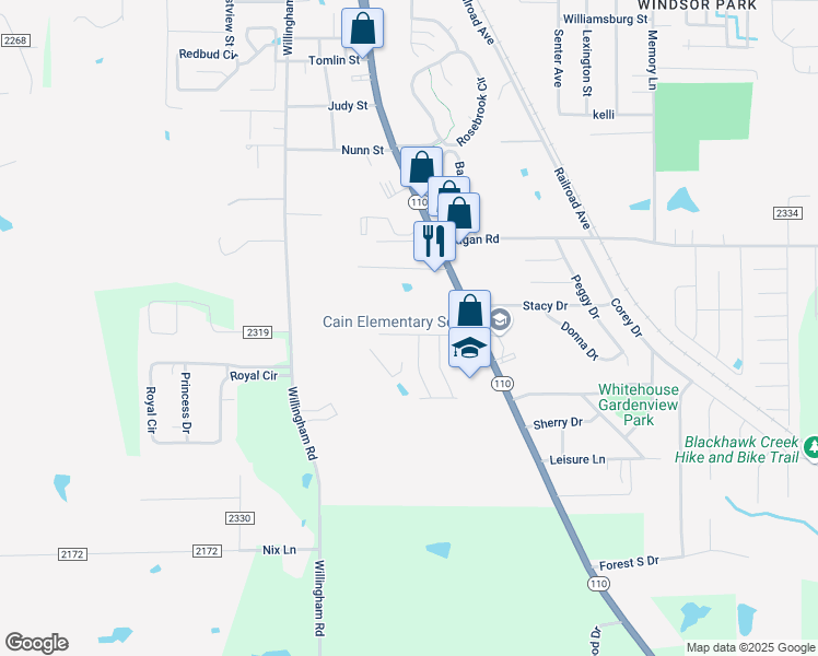 map of restaurants, bars, coffee shops, grocery stores, and more near 805 Rugby Lane in Whitehouse