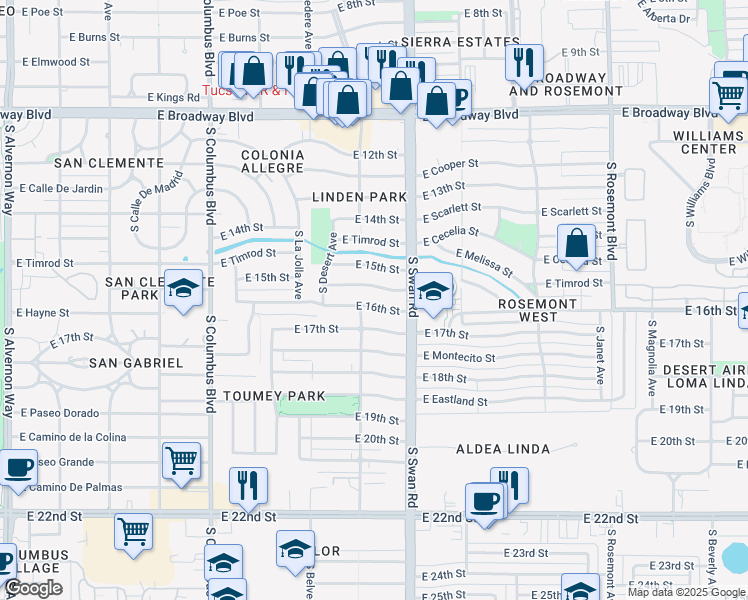 map of restaurants, bars, coffee shops, grocery stores, and more near 4625 East Malvern Street in Tucson