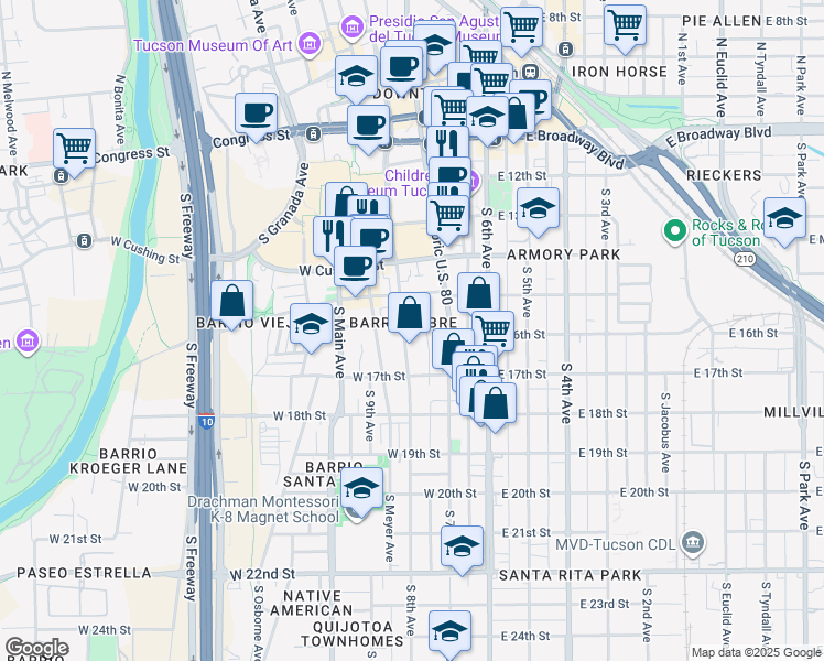 map of restaurants, bars, coffee shops, grocery stores, and more near in Tucson