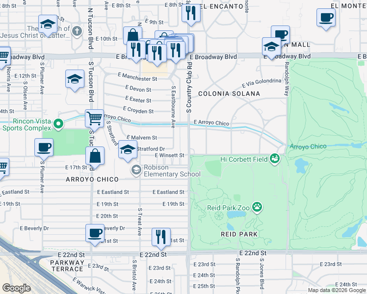 map of restaurants, bars, coffee shops, grocery stores, and more near 555 South Country Club Road in Tucson