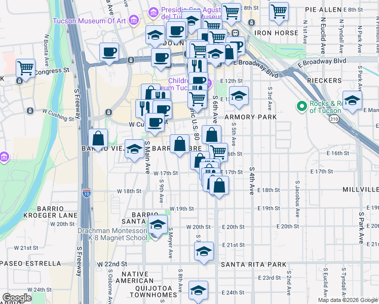 map of restaurants, bars, coffee shops, grocery stores, and more near in Tucson
