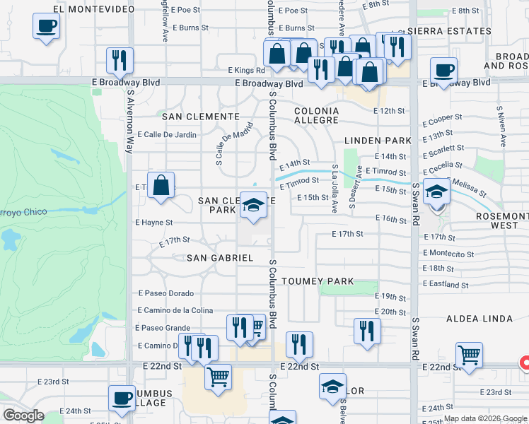 map of restaurants, bars, coffee shops, grocery stores, and more near 460 South Columbus Boulevard in Tucson